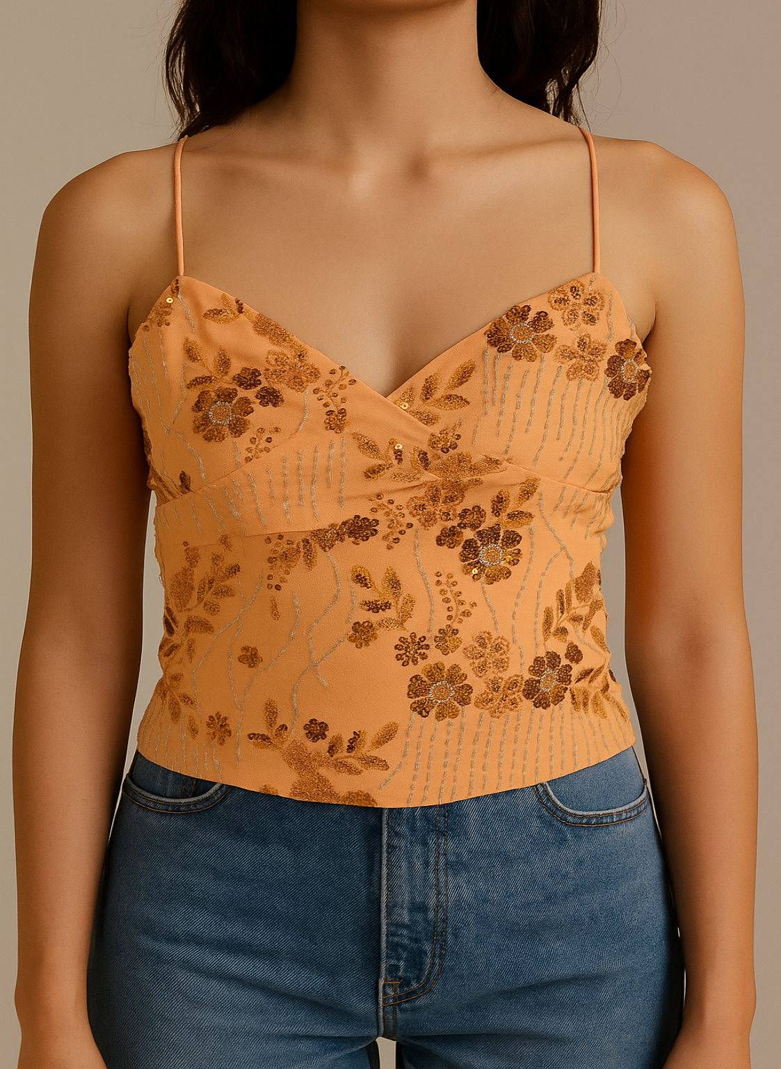 Azibi Orange Embellished Vest Top